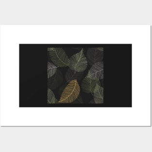 Autumn leaves structure print. Fallen dark leaves skeleton illustration. Abstract stylized feathers Posters and Art